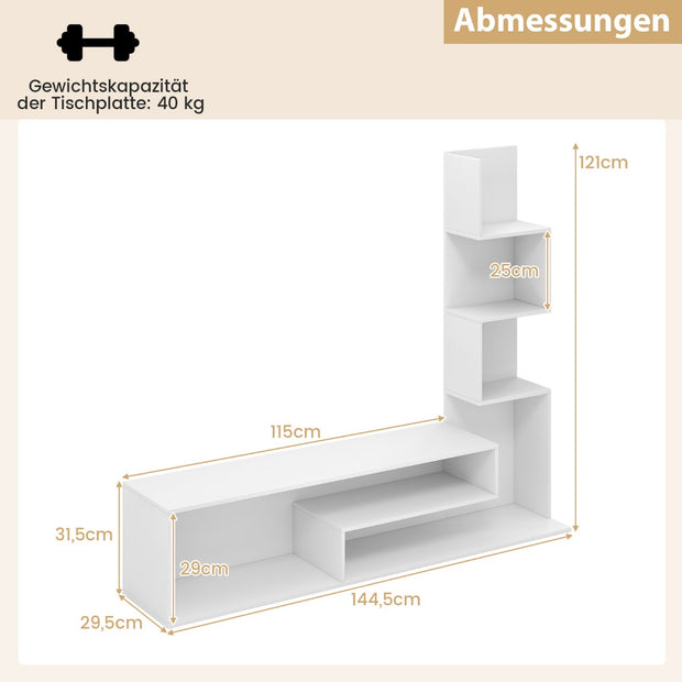 TV skåp – i trä, bord med bokhylla för apparater upp till 50" – 144,5 x 29,5 x 121 cm – Vit