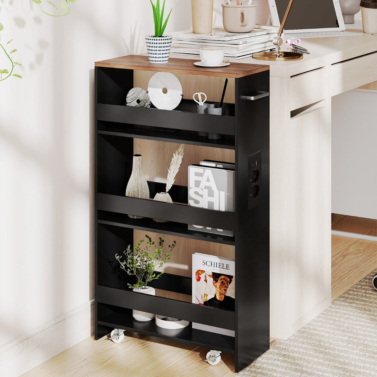Smal – Förvaringsvagn med Laddningsstation steg rullbar Köksvagn Handtag + vintagebrun – 4 20 cm – Brun + svart