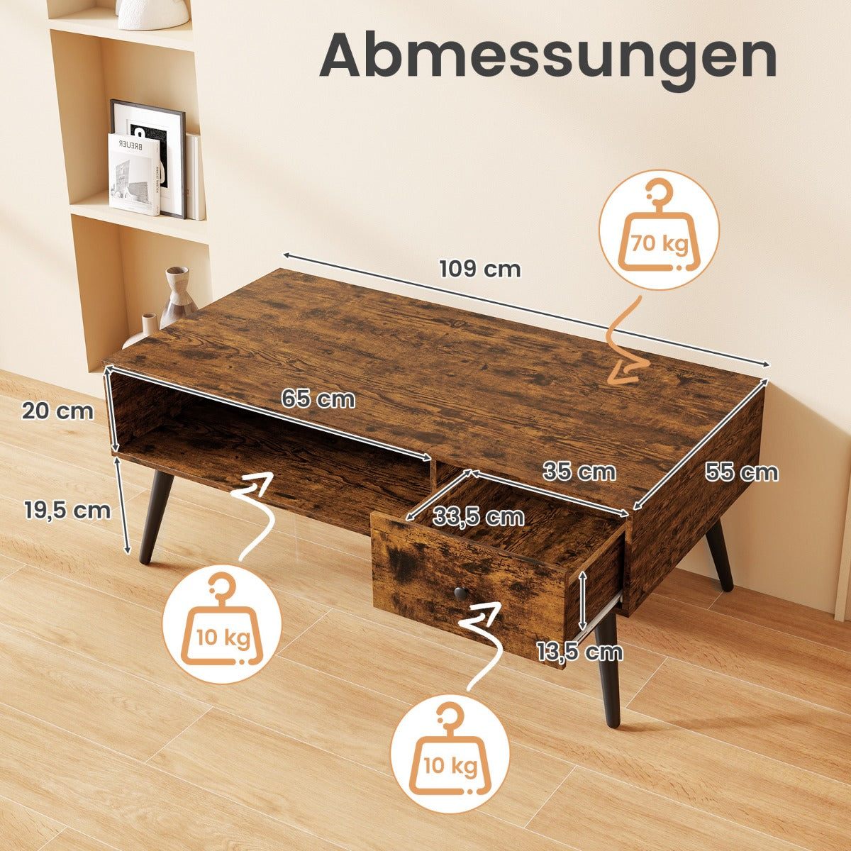 Soffbord – med låda för förvaring öppen hylla vardagsrumsbord Rustik brunt – 109 x 55 x 39,5 cm – Rustik brun
