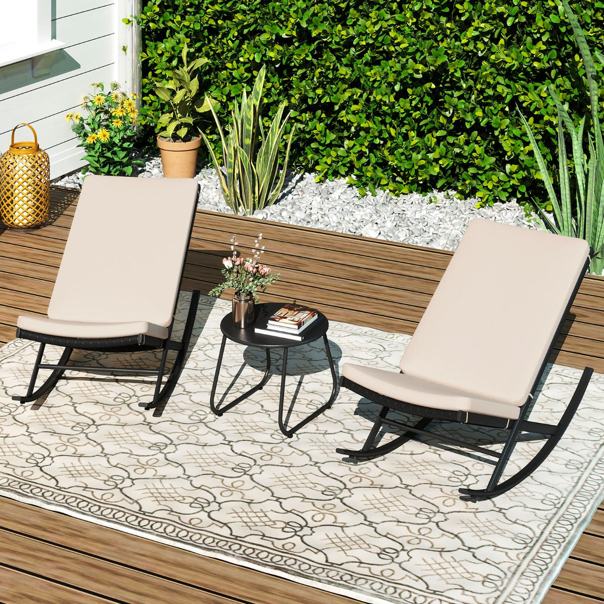 delat – svängande bistro set PE rattanstolar med metallsoffbord och tjocka kuddar trädgårdsmöbel – 3 – Beige