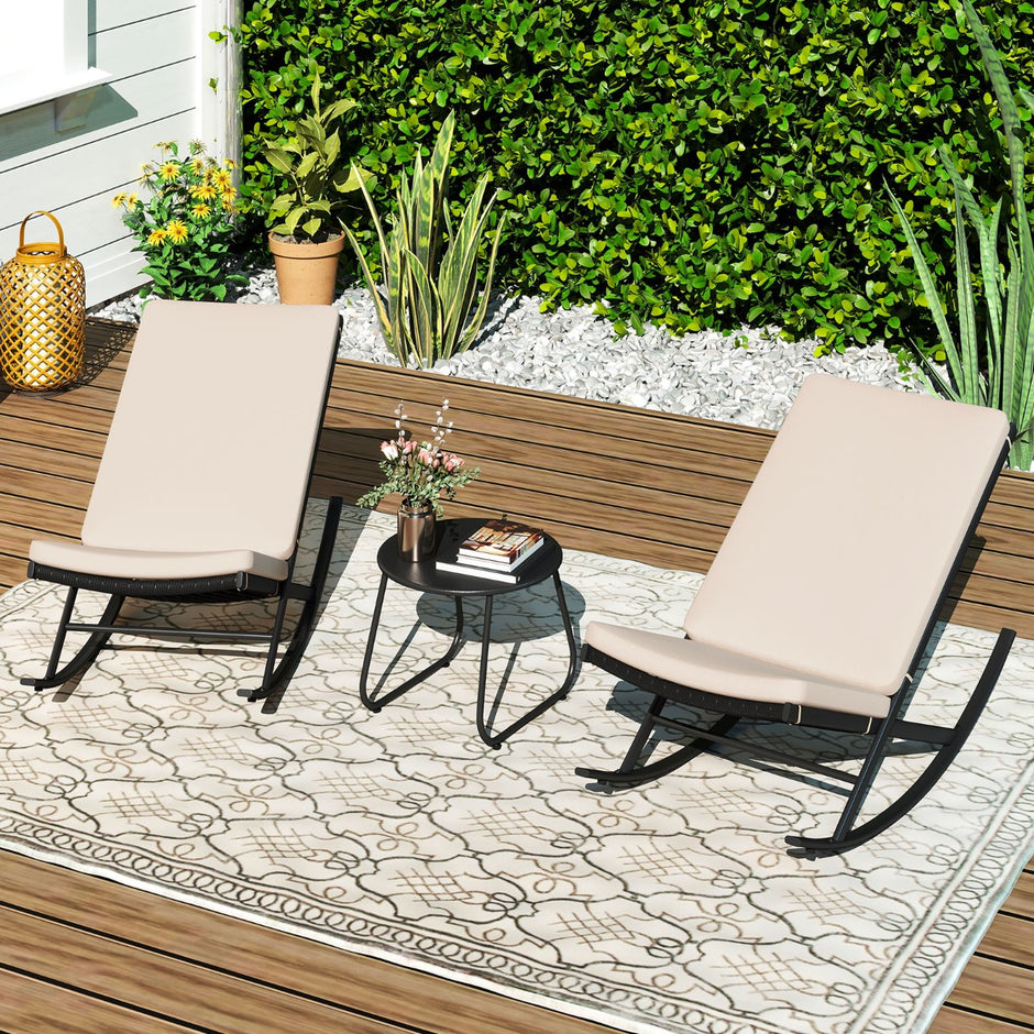 delat – svängande bistro set PE rattanstolar med metallsoffbord och tjocka kuddar trädgårdsmöbel – 3 – Beige