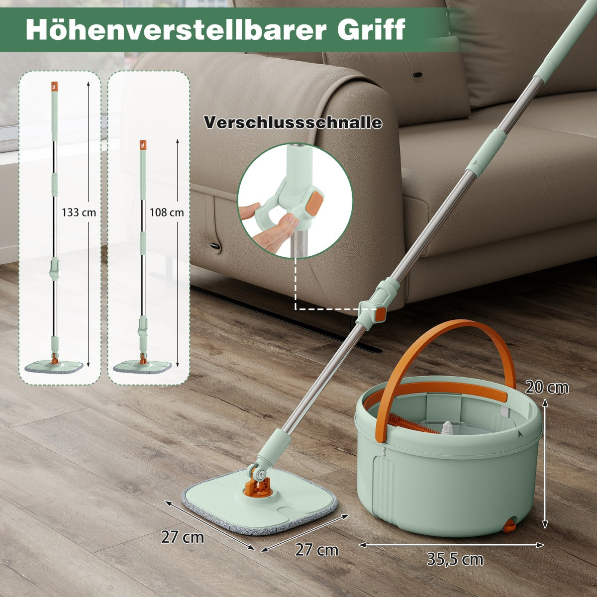 4L – mopp och hink med vridpress 360° vridbar huvud Platt – Grön
