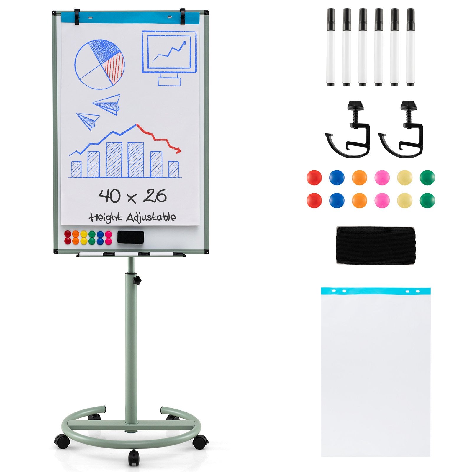 Flipchartställ – på hjul med magneter och markörer Höj sänkbart whiteboard – Grön