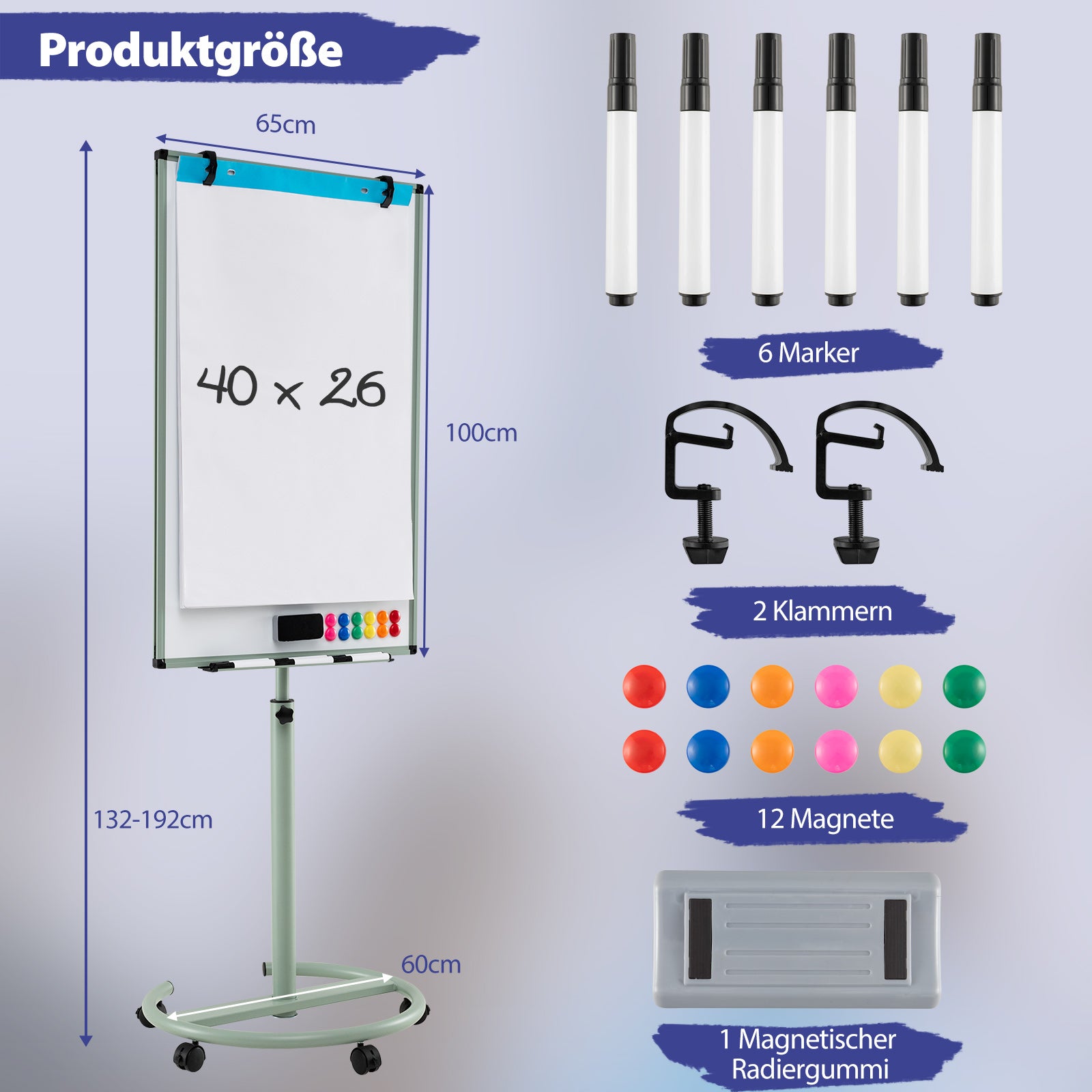 Flipchartställ – på hjul med magneter och markörer Höj sänkbart whiteboard – Grön