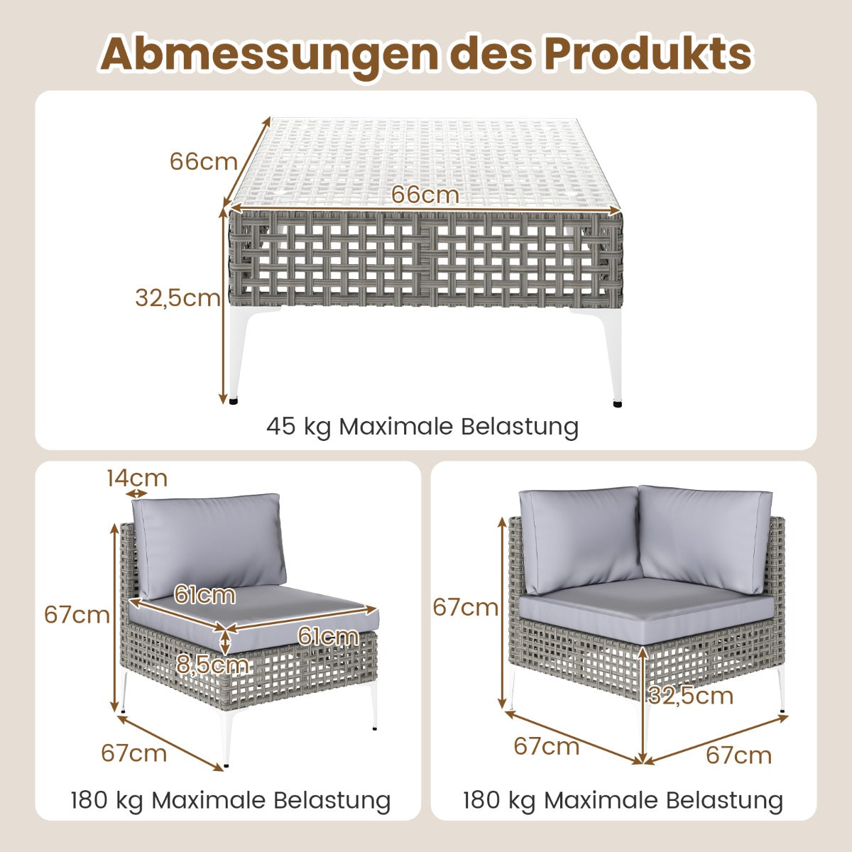 Delat – Rattan Trädgårdsmöbel Set Balkongmöbel med sitt och ryggkuddar Trädgårdsgarnitur – 5 – Grå