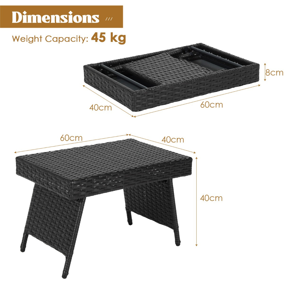 Fällbart – soffbord Utomhus sidobord med PVC platta – 60 x 40 x 40 cm – Brun