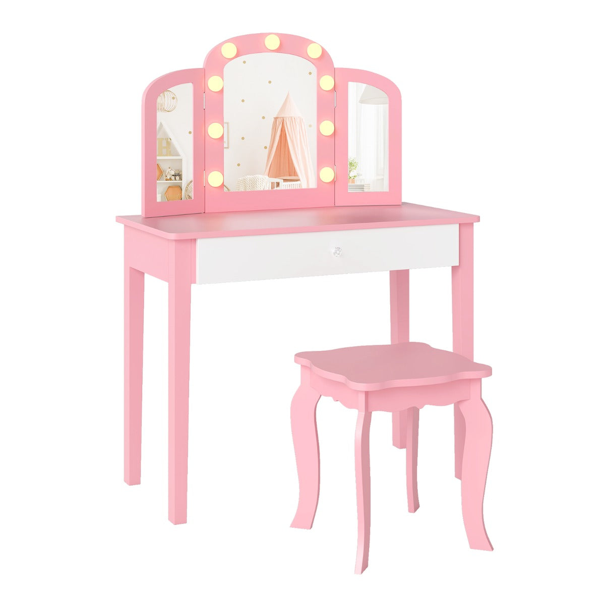 i – Barn Sminkbord Set med Avtagbar Spegel och Ljusfärg – 2 1 3 – Rosa