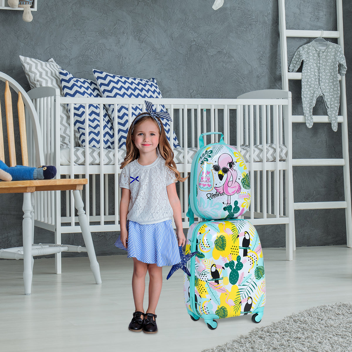st – Barnbagage Flamingosblid Reseväska Barnresväska + Ryggsäck – 2 – Blå