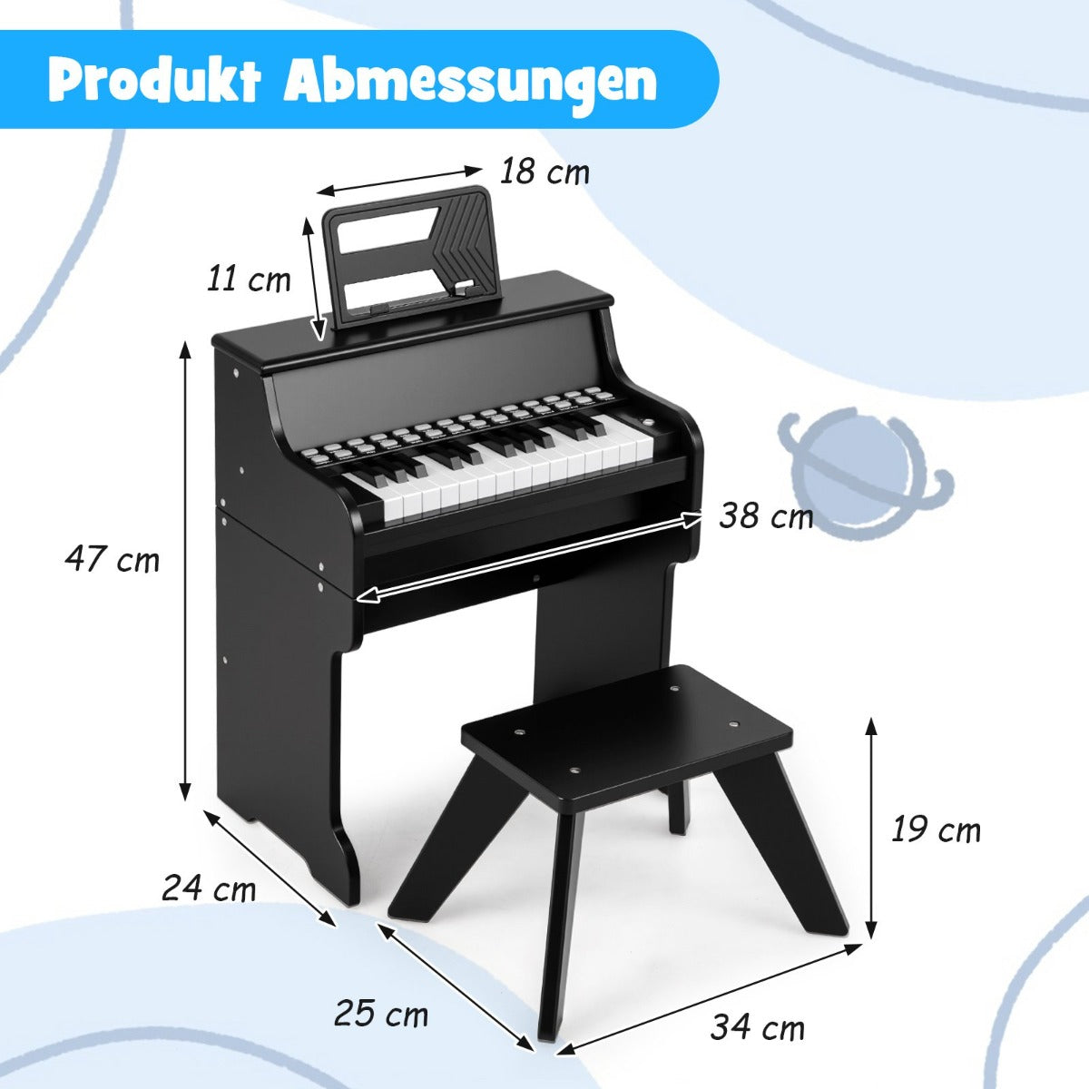 tangenter – Mini digitalpiano med pall Barnpiano justerbar hastighet – 25 – Svart
