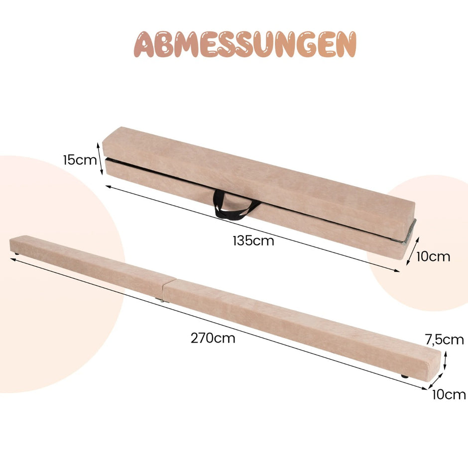 Balansbom – för barn, hopfällbar gymnastikbom med bärhandtag – 270 cm – Brun