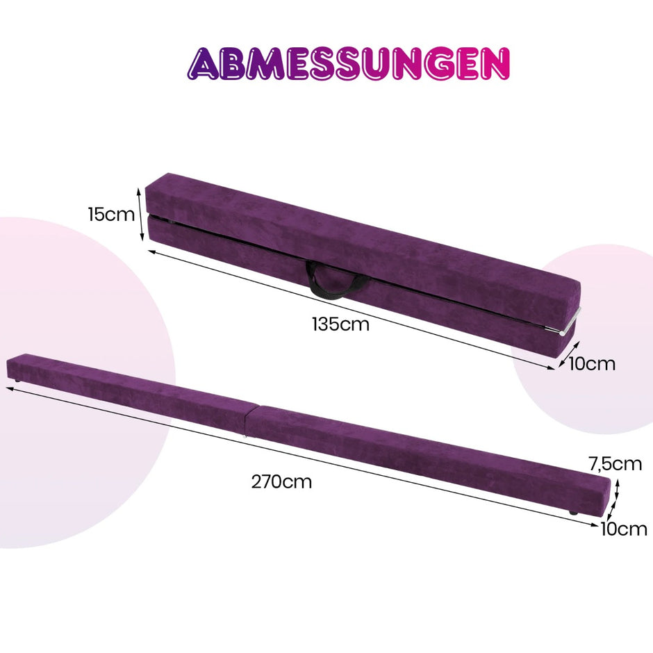 Balansbom – för barn, hopfällbar gymnastikbom med bärhandtag, violett – 270 cm – Lila