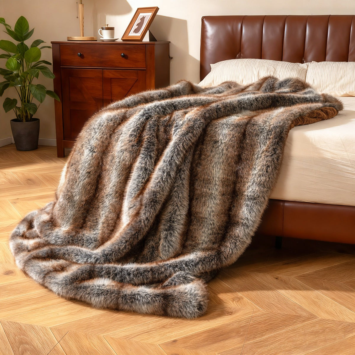 Fluffig – Konstskinn Hemfilt mjuk Plysch mysig Konstmårdskinnsfilt Bärnstensgul – 153 x 203 cm – Brun