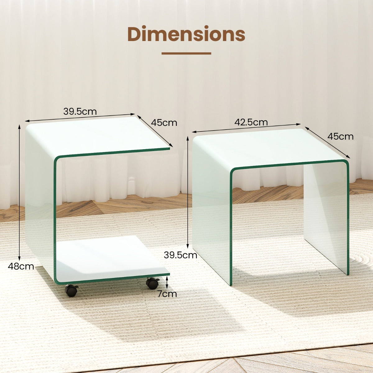 Sidobord – i härdat glas med hjul C formad Nattduksbord Soffbord Kaffebord Vitt – Vit