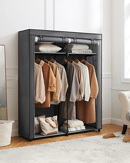 Kleiderschrank - Stoffschrank - 2 Bekleidungsschienen - 6 Regale - Verschiedene Montageoptionen - 88 x 45 x 168 cm