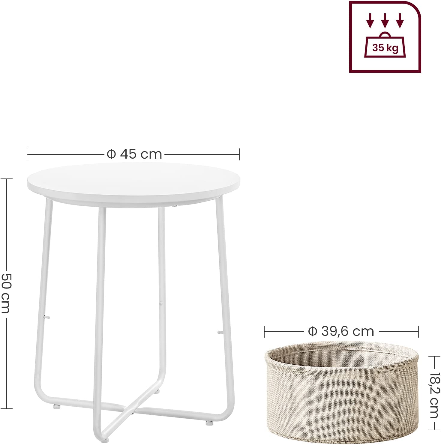 Seitentisch - runder Beistelltisch - mit Stoffkorb - moderner Stil - Weiß