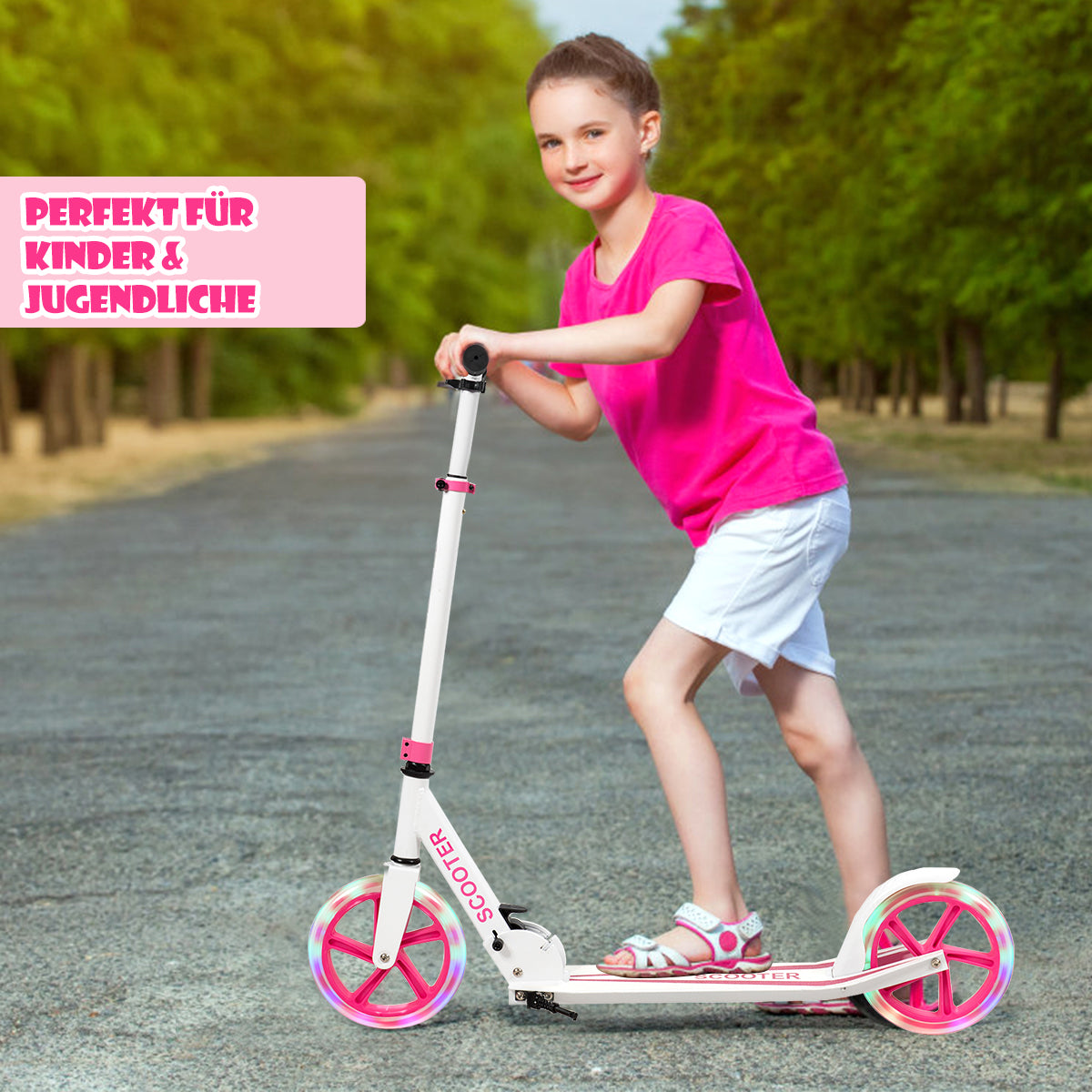 Scooter – Roller hopfällbar höjdjusterbar lastkapacitet med LED hjul – 100 kg 2 – Rosa
