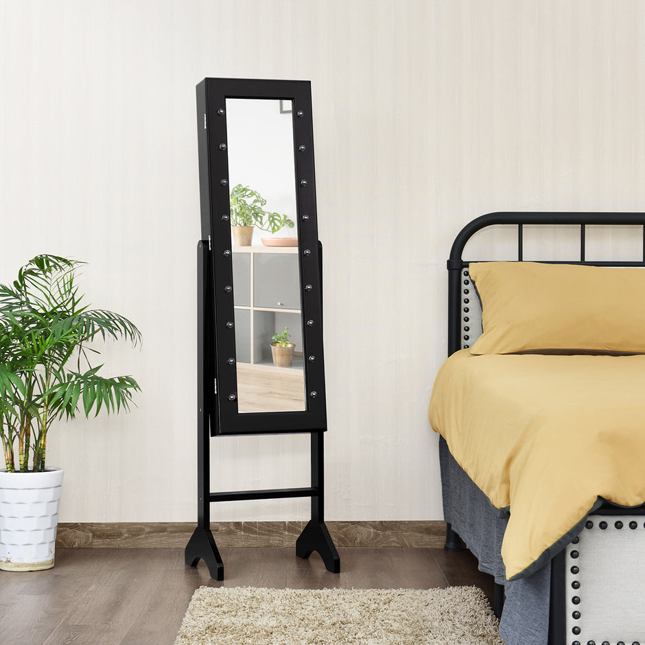 LED smyckesskåp – Lutning Justerbar Stående Design Smyckehylla med fullängdsspegel – 18 35 x 31,5 x 145 cm – Svart
