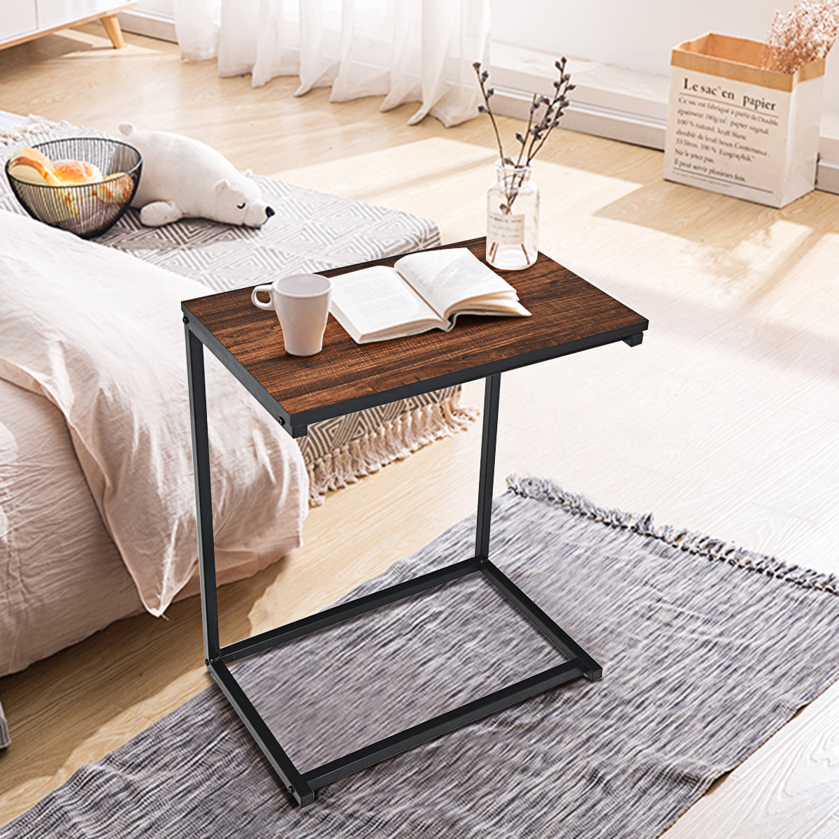 Sidobord – laptop soffa anteckningsbok skötsel metall och trä – 55 x 35 x 65 cm – Brun