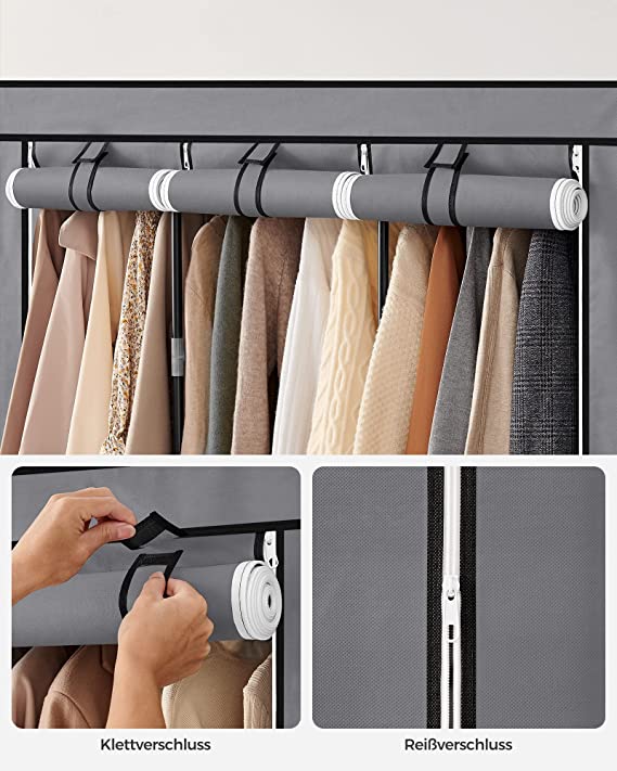 Kleiderschrank - Stoffkoffer - 2 Hangabschnitte - mit Regalen - Grau