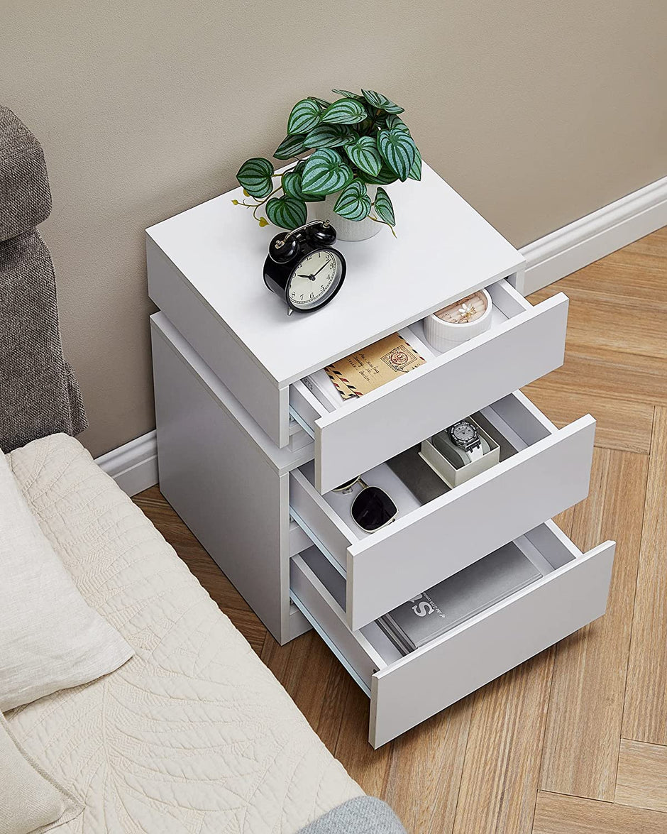 Nachttisch - Seitentisch - mit LED -Beleuchtung - Verstellbare Farben - mit 3 Schubladen - Weiß