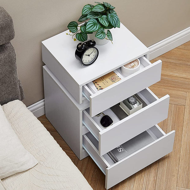 Nachttisch - Seitentisch - mit LED -Beleuchtung - Verstellbare Farben - mit 3 Schubladen - Weiß