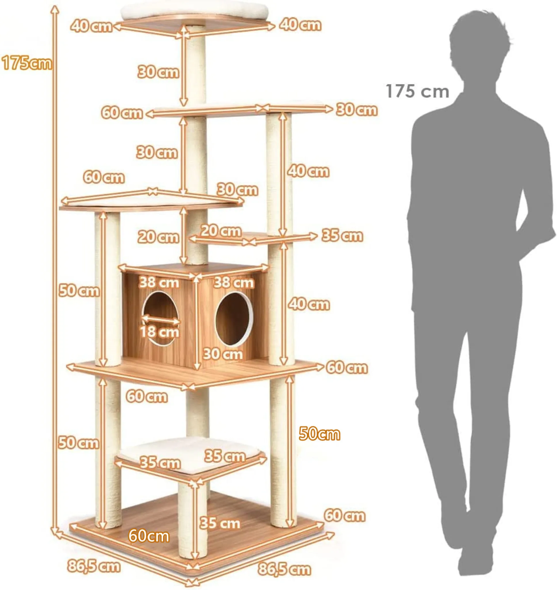 Kattträd – nivå kattskrapstolpe Träskrapstolpelekstuga med grotta och mattor – 6 5 175 cm – Natur