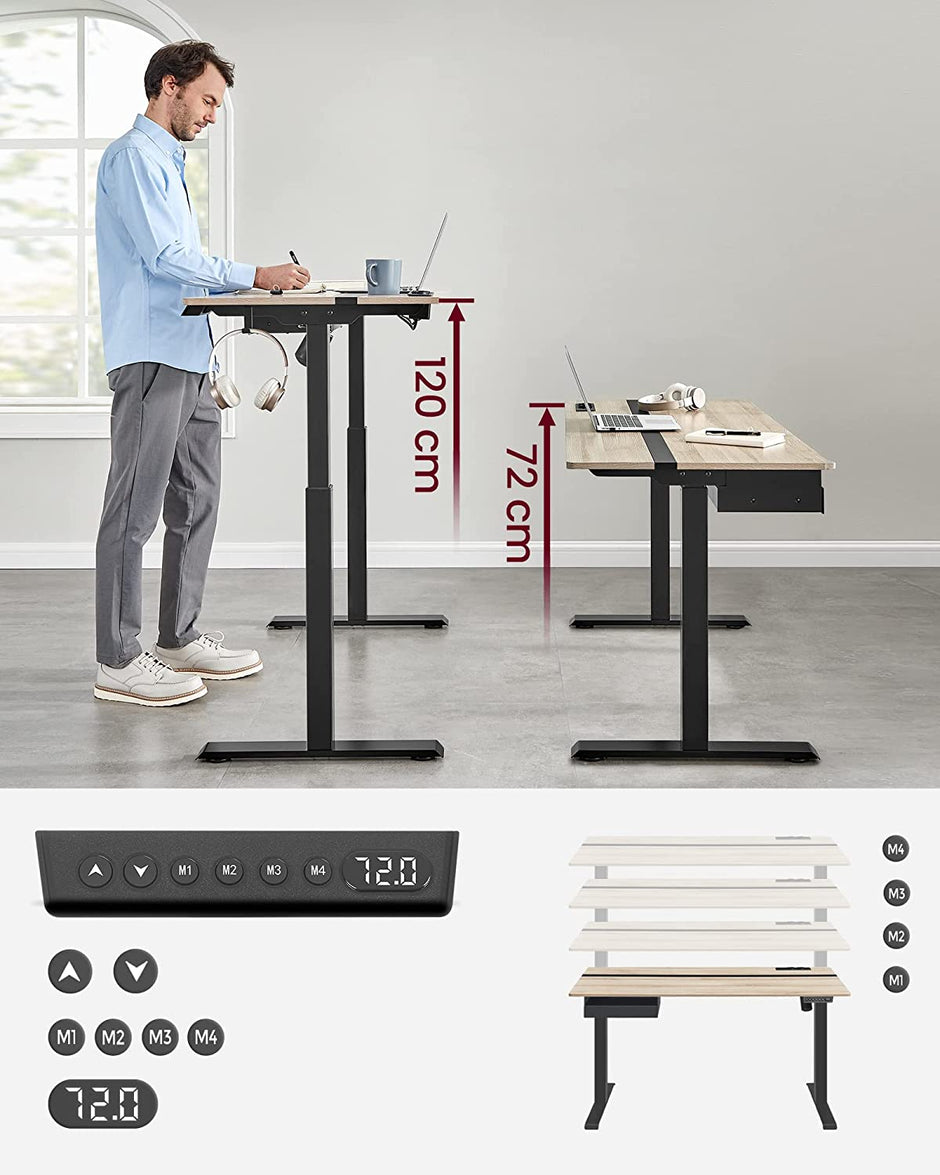 Elektrischer Schreibtisch - Höhe einstellbar - Speicherfunktion mit 4 Höhen - weiß schwarz - 60 x 140 cm