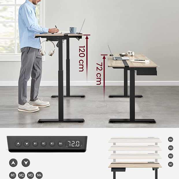 Elektrischer Schreibtisch - Höhe einstellbar - Speicherfunktion mit 4 Höhen - weiß schwarz - 60 x 140 cm