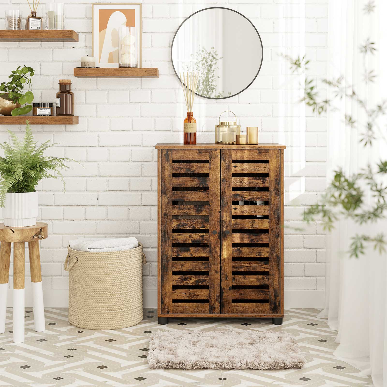 Badezimmerschrank - Holzschrank - 2 französische Türen - Brown