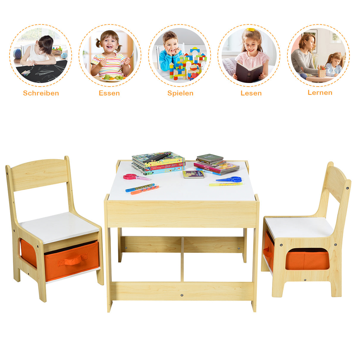 stycken – Barnsittgrupp Barnmöbler Barnsittset Barnbord med trästolar i målarbord – 3 2 3 1 – Natur