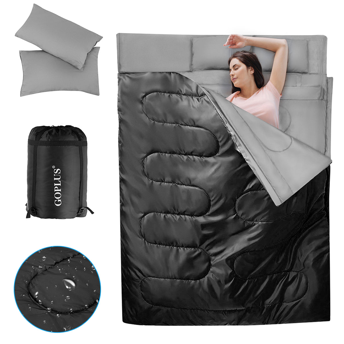 Goplus – dubbelsovsäck personer XL filt med kuddar – 2 2 220 x 150 cm – Svart