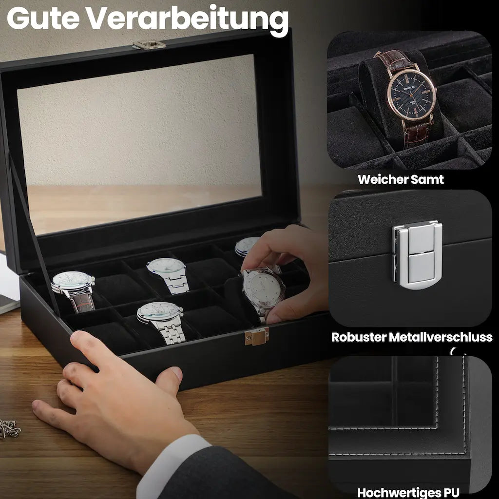 Beobachtungsschachtel - mit 12 Fächern und Glasdeckel, Luxus -Aufbewahrungsbox