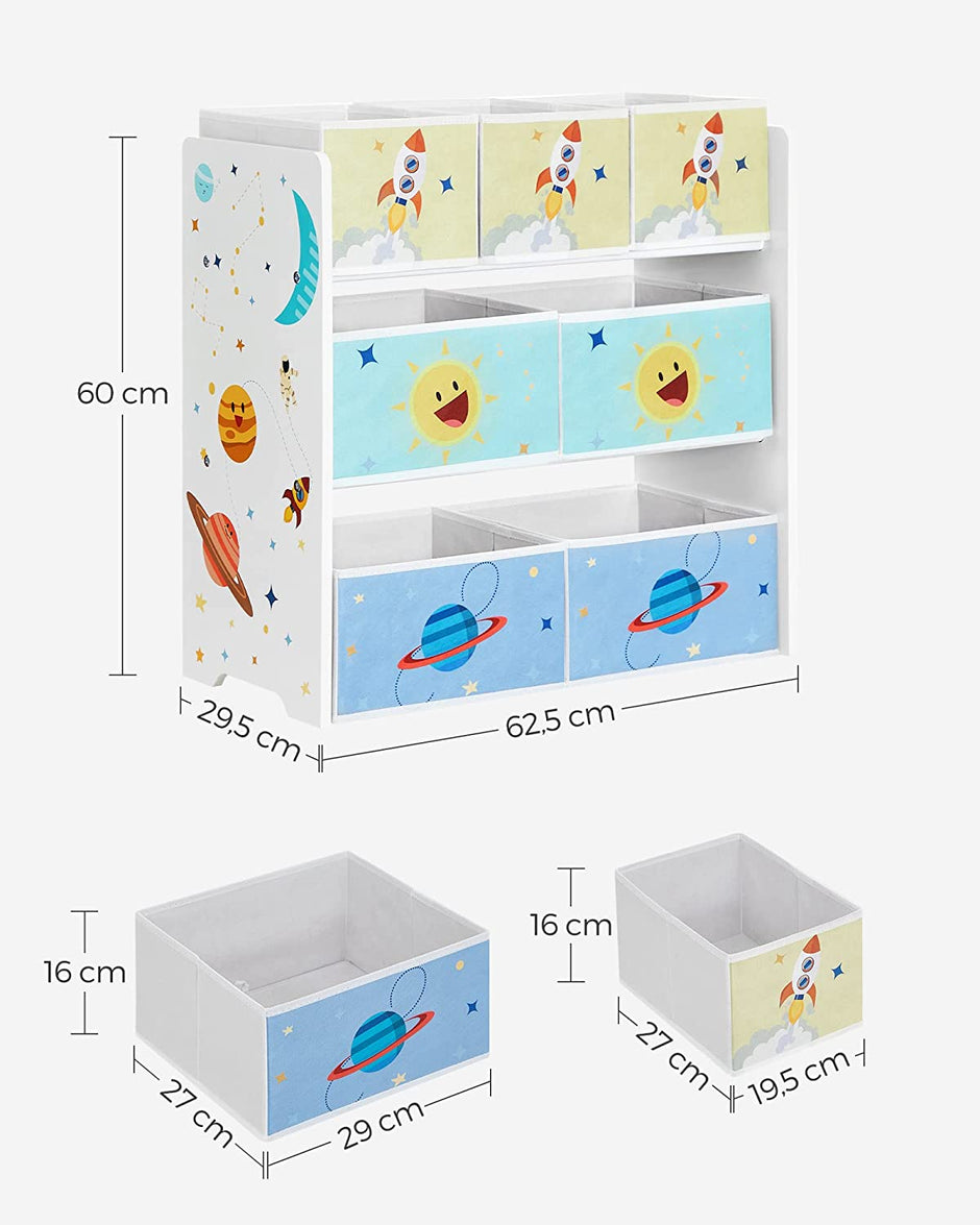 Kindergärtenständer - Spielzeugschrank - mit 7 Aufbewahrungsboxen mit Stoffen - Weiß