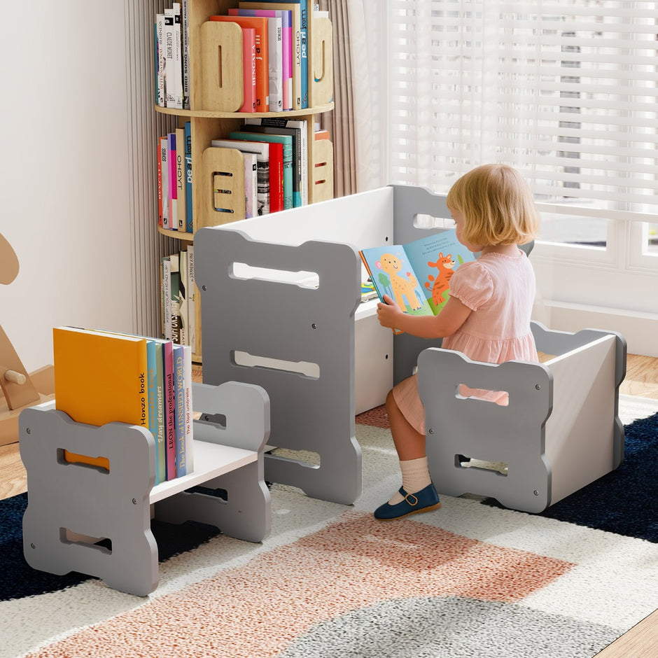 DEL. – Barn Bord och Stol Set med Pall Rundad Hörn Design – 3 2 – Grå
