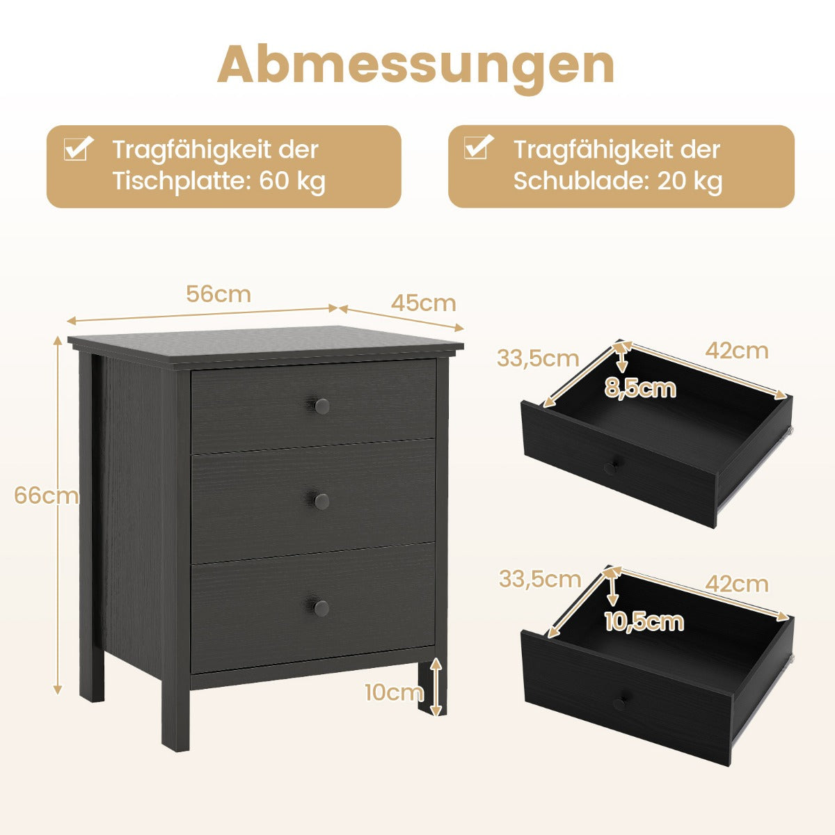 Nattduksbord – med lådor Nattbord för boxsäng – 3 56 x 45 x 66 cm – Svart