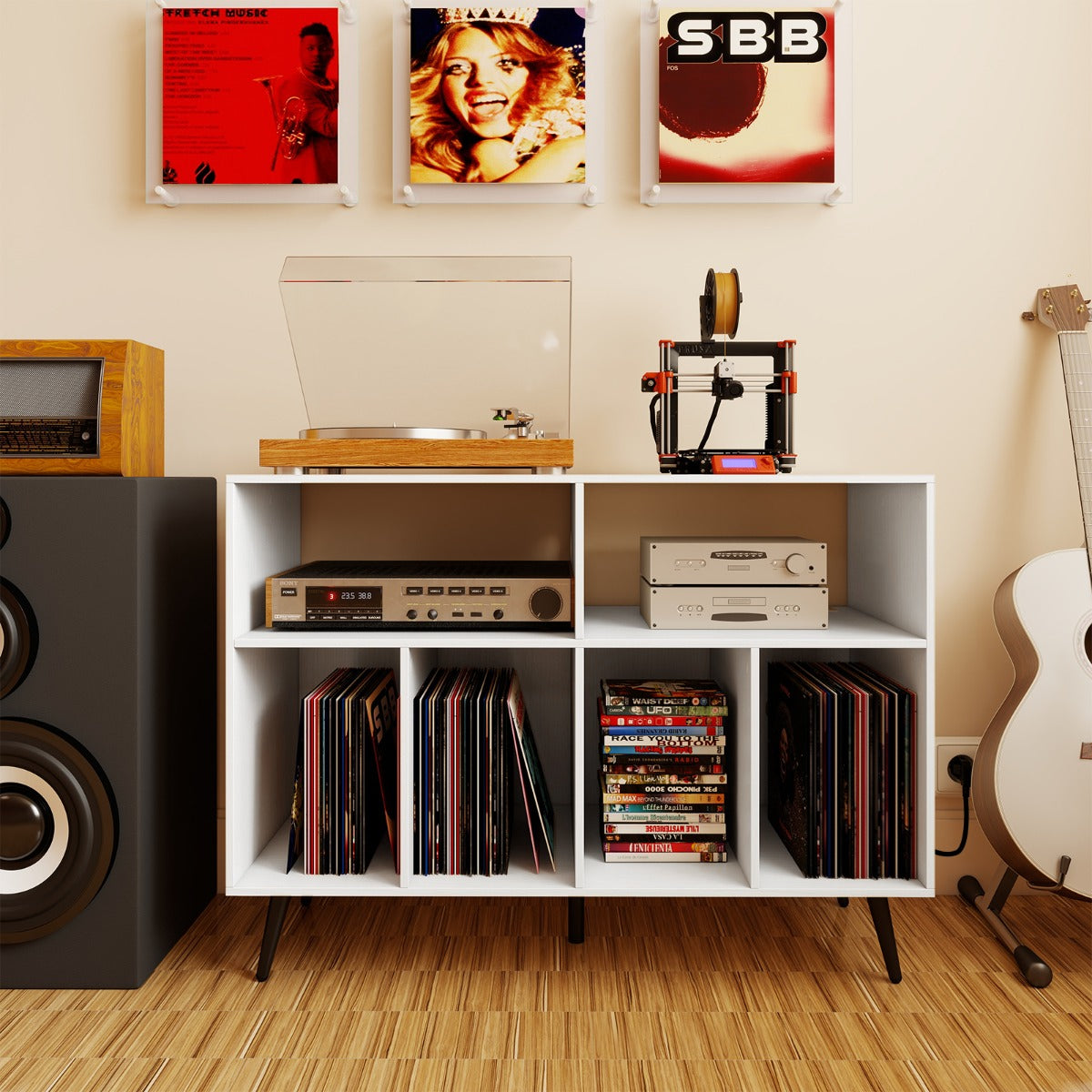 Skivspelareställ – med laddstation vinylförvaringshyllor – Vit