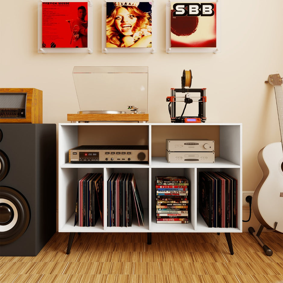 Skivspelareställ – med laddstation vinylförvaringshyllor – Vit