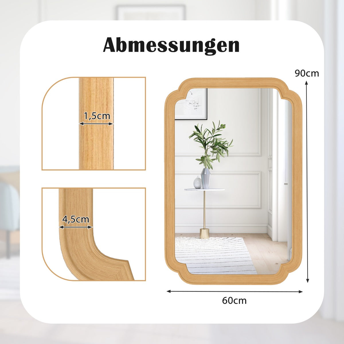 Rektangulär – spegel med träram i bondgård dekorativ hängande stor för vardagsrum – 90 x 60 cm – Natur