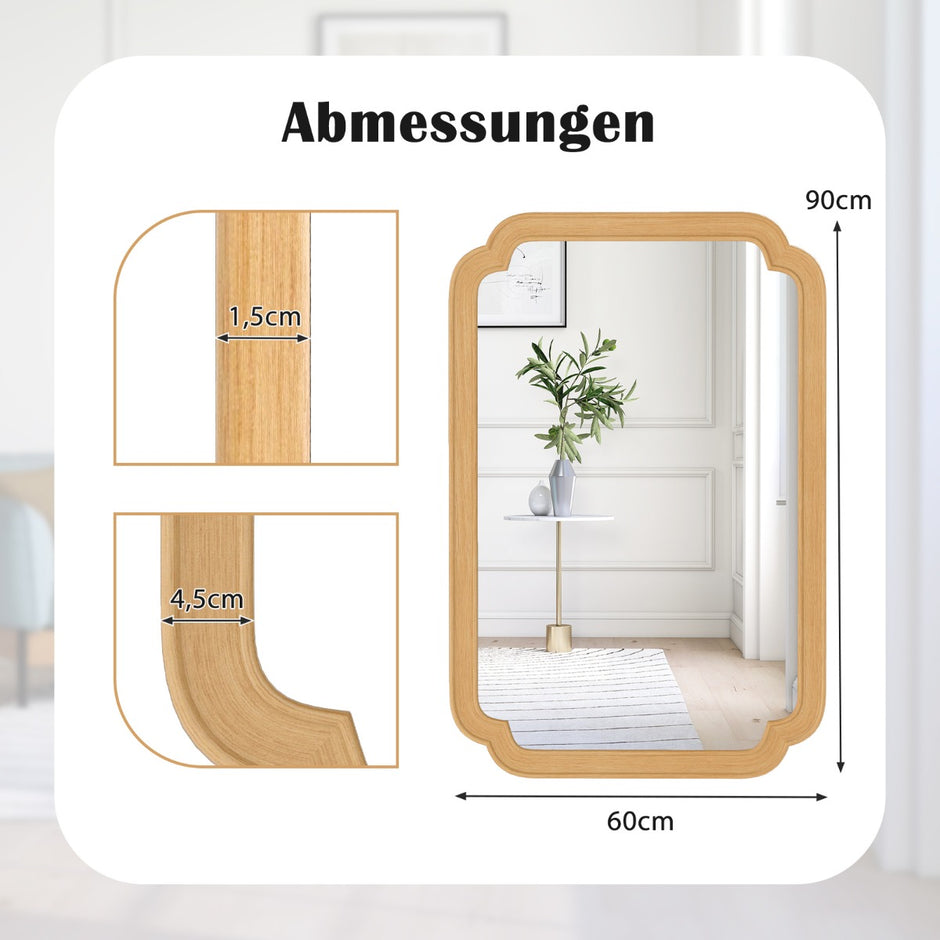 Rektangulär – spegel med träram i bondgård dekorativ hängande stor för vardagsrum – 90 x 60 cm – Natur