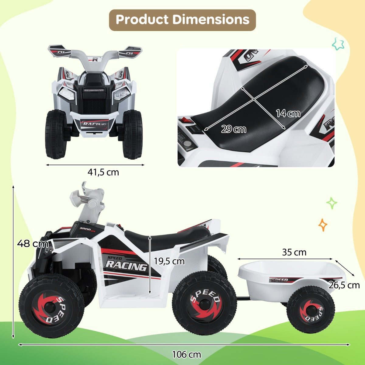 6V – barn elektrisk ATV med släpvagn elfordon slitstarka hjul – Vit