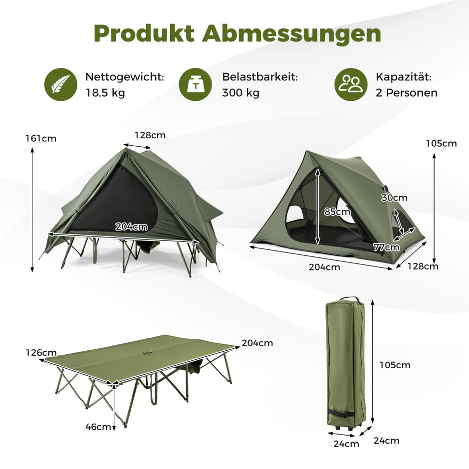 Fältbädd – med tält för personer campingbädd regnskydd och nät dörrar fönster rullväska – 2 2 – Grön