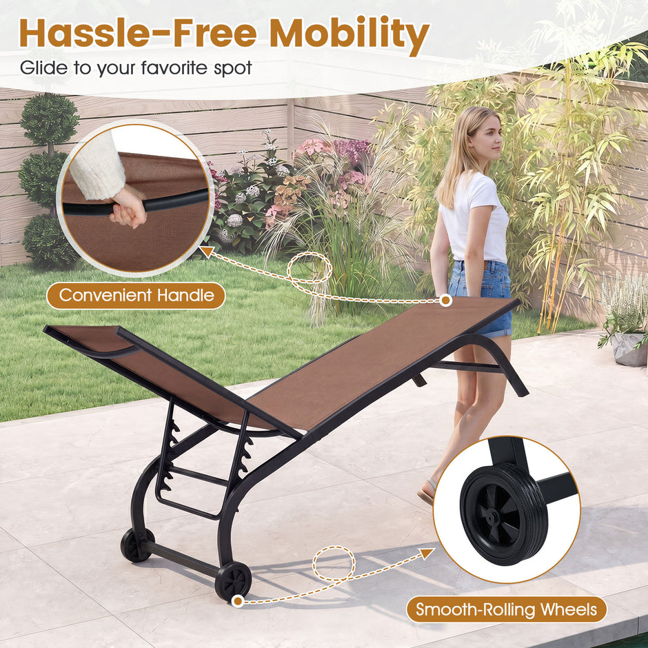 2er – Set Sonnenliege mit Rollen Robuste Gartenliege Fach Verstellbare Rückenlehne bis 180° Flach Braun – 6