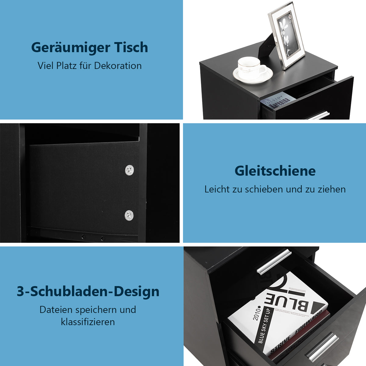 Set – med sängbord lådor kontorsskåp – 2 3 37 x 34 x 66,5 cm – Svart