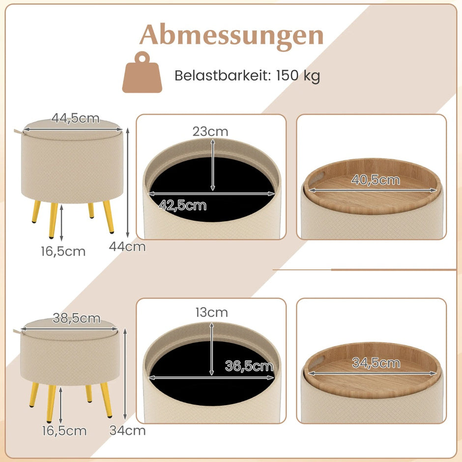 pack – ottoman med förvaringsutrymme, konstläder, rund fotpall fällbara brickor – 2 – Beige