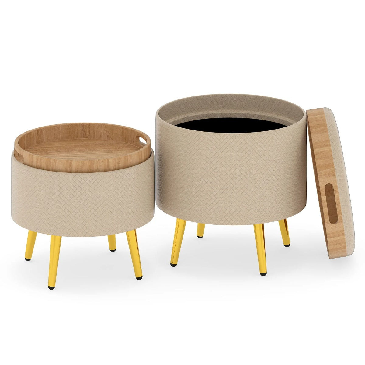pack – ottoman med förvaringsutrymme, konstläder, rund fotpall fällbara brickor – 2 – Beige