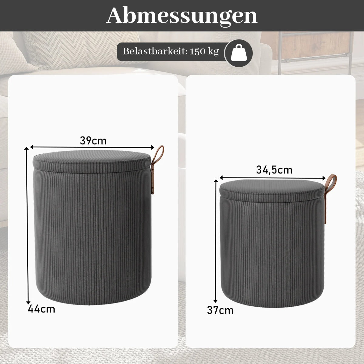 pack – runda pallar med förvaringsutrymme, stapelbara avtagbara lock – 2 – Grå