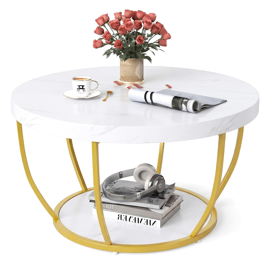 Soffbord – runt Sofabord Trä med Nivåer och Metallram Vardagsrumsbord Kaffebord – 2 – Vit