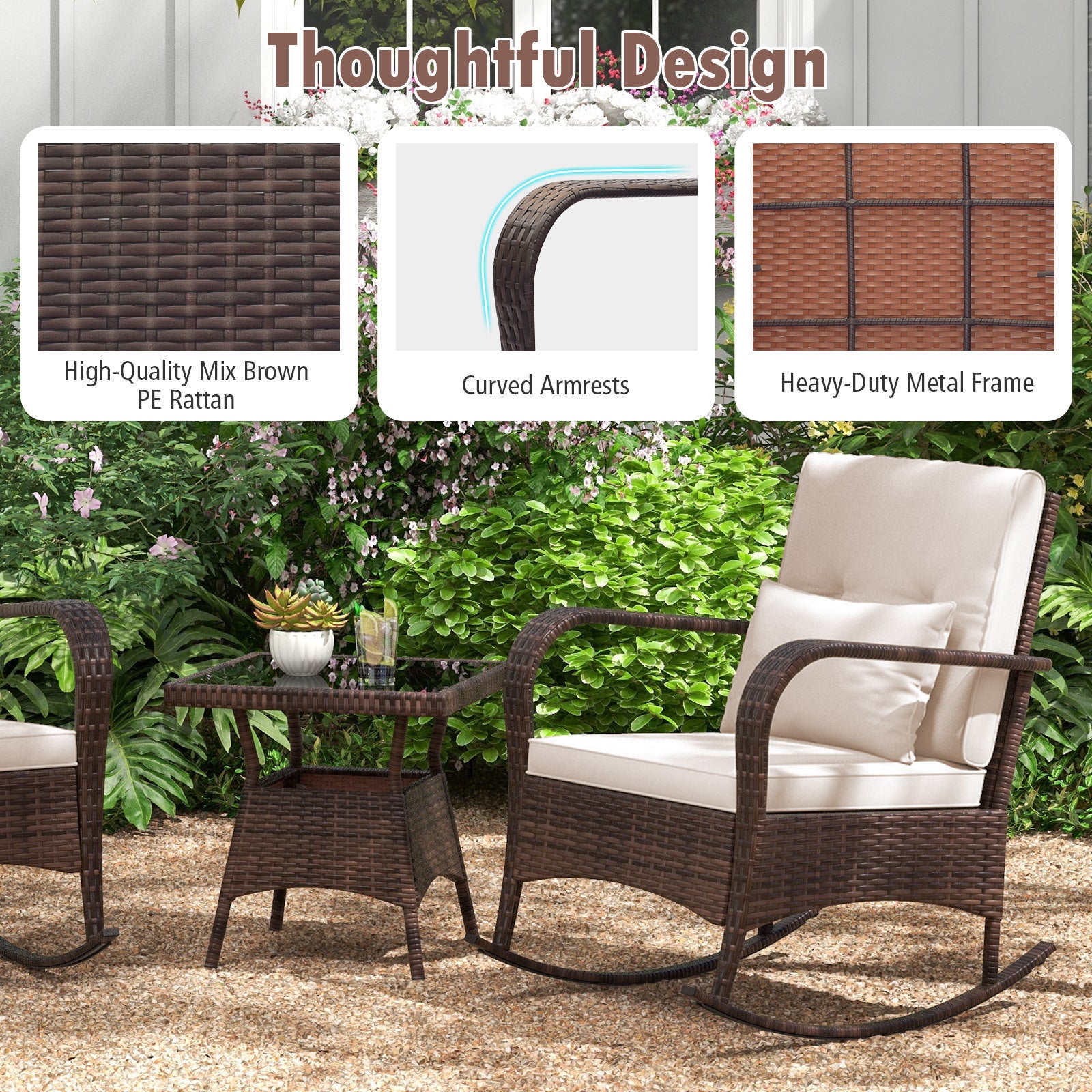 delat – trädgårdsmöbelset, två rotting gungstolar med glasbord, utomhusgrupp metallram – 3