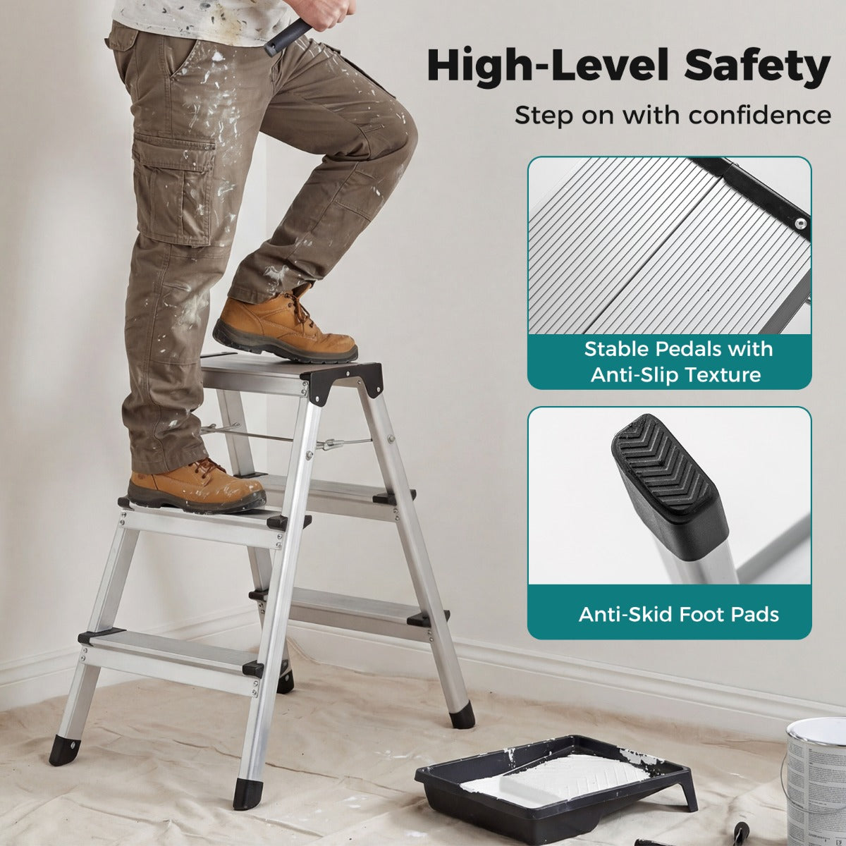 stegs – stege Aluminium vikbar fotpall med breda trampytor och halkfria fotskydd – 3 – Silver
