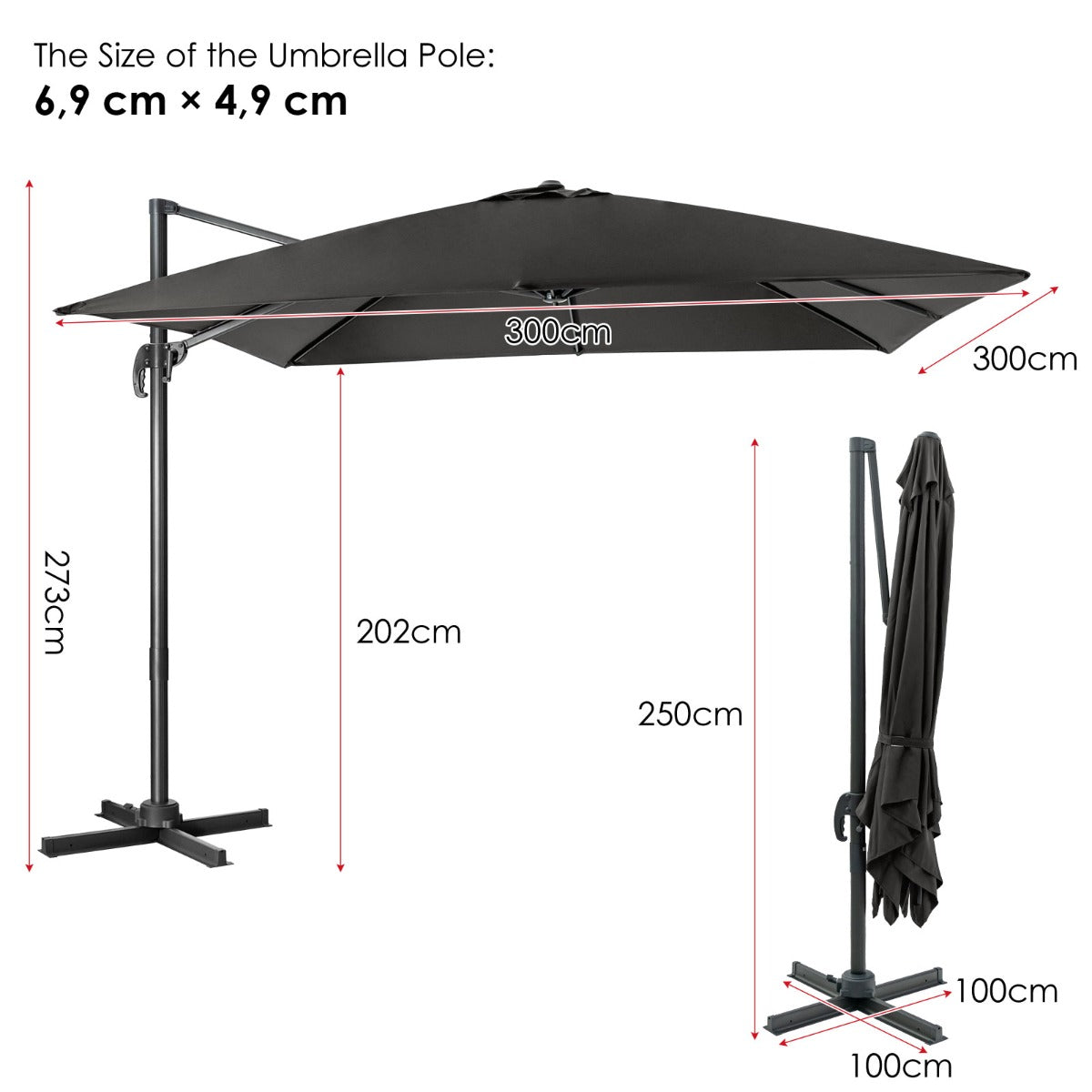Parasoll – fyrkantigt fribärande med vev – 300 x 300 cm – Svart